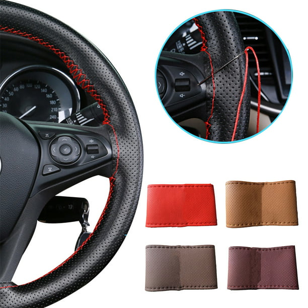 Black+Red PU Leather DIY Car Steering Wheel Cover 38cm With Needle And Thread EN